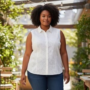 Tabi Vintage Bright White Eyelet Short Sleeve Sumner Top, Button Up
